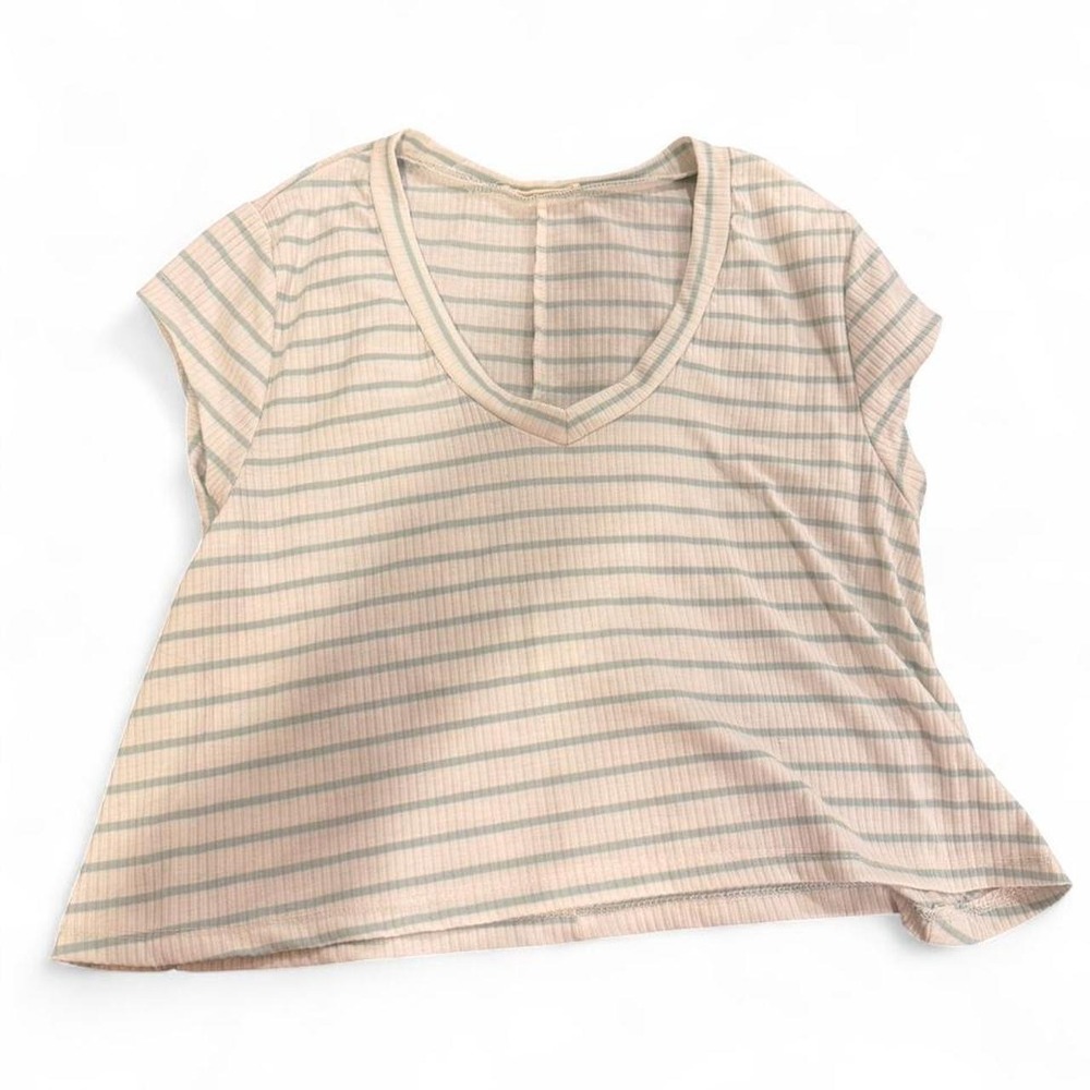 Altar'd State Womens Blue White Striped Ribbed V-Neck Crop Top Boxy Tee Large
